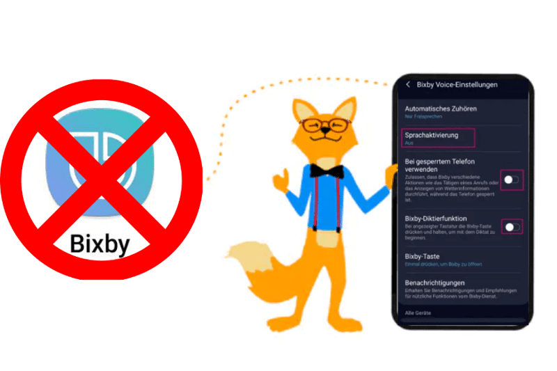 Glücklicher Smartfox hat Bixby auf seinem Samsung Handy deaktiviert